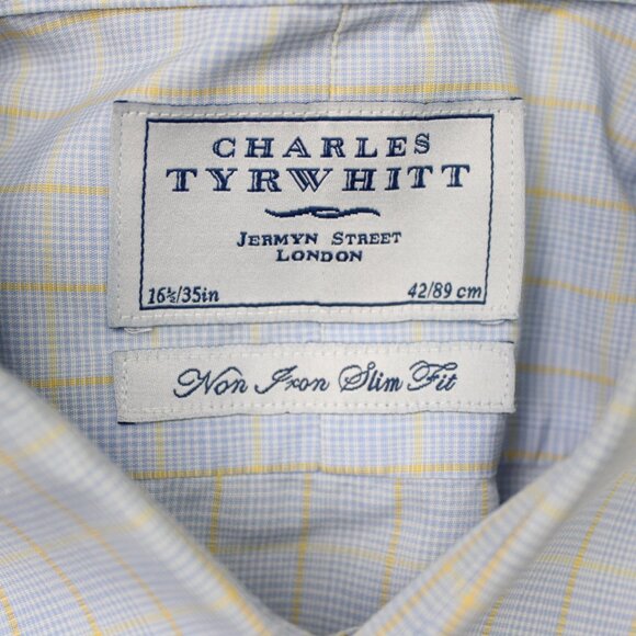 Charles Tyrwhitt Shirt Mens 16 1/2, 35 Blue/Yellow Non-Iron Slim Fit Cotton L/S - Picture 8 of 13